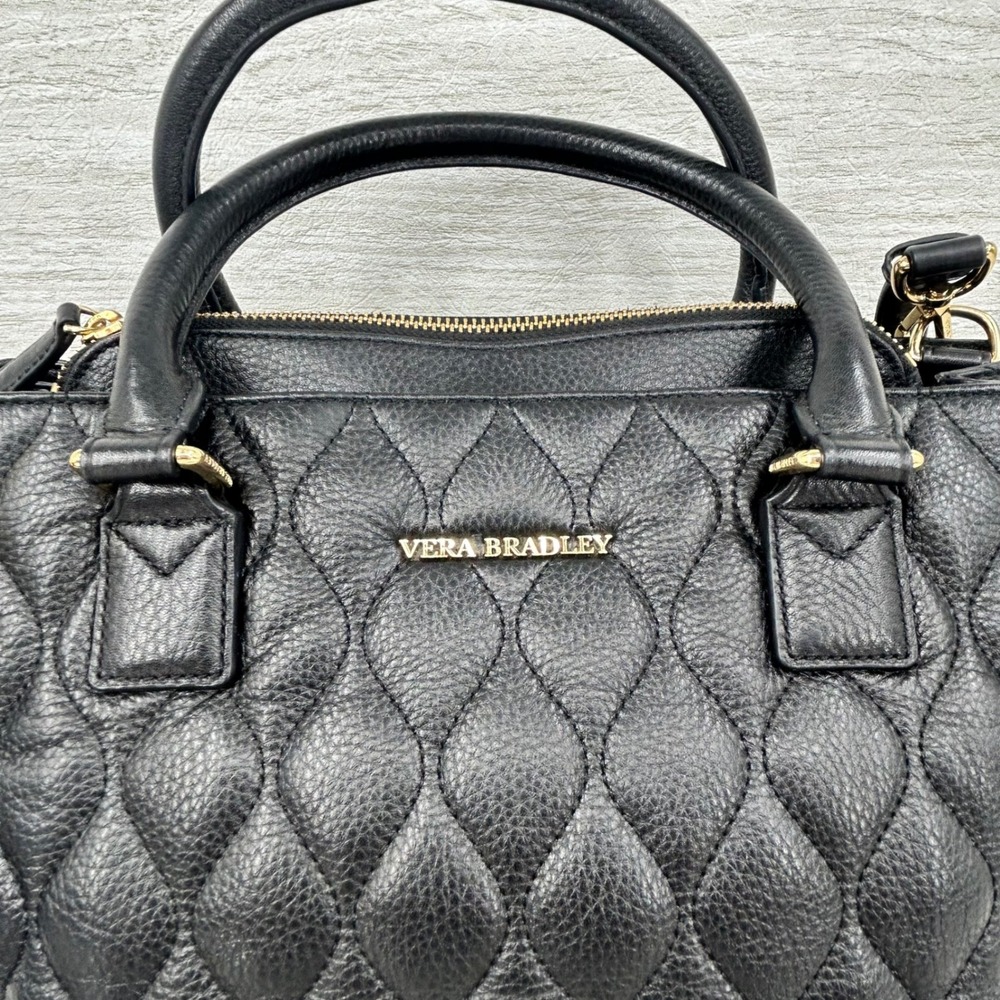 Vera Bradley Black Quilted Emma Leather Satchel Crossbody Bag Floral - Picture 2 of 10